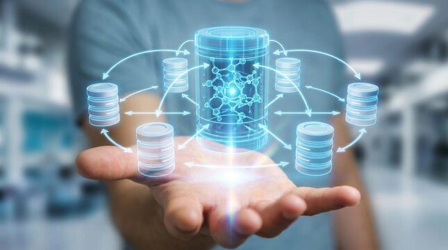Engineer holding holographic database icons showing data integration pipeline, migration, storage, and system connectivity. Ideal for cloud architecture, ETL, and data warehouse concepts. 