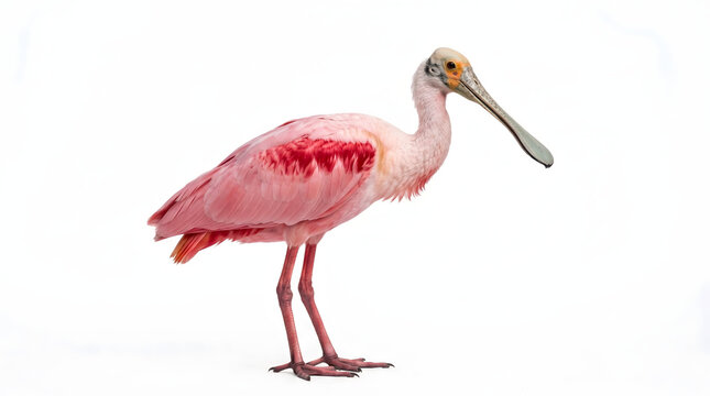 A striking close-up of a vibrantly colored roseate spoonbill bird with a distinctive spoon-shaped bill standing against a clean white background