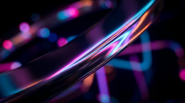Futuristic chrome ring with neon reflections, abstract 3d metallic torus on black background, glowing pink and blue light trails on polished metal surface