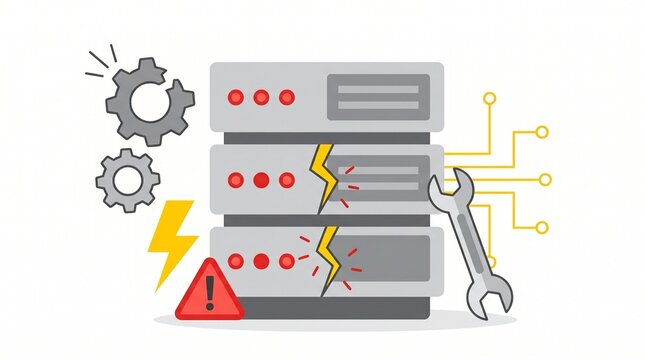 Broken computer server rack tools lightning bolts error signs maintenance system failure database malfunction tech graphic element cutout isolated clean transparent background illustration art.