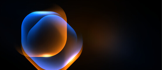 Naklejka premium Abstract glowing shapes overlap, creating vibrant blue, orange hues against dark background. Smooth gradients suggest light source.
