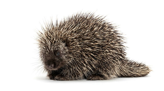 Adorable baby porcupine with sharp quills resting peacefully on a clean white background, highlighting its unique defense mechanism