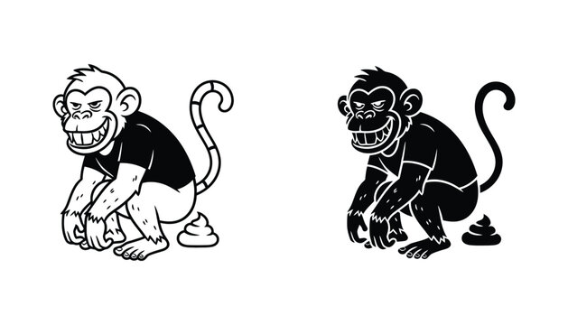 Funny monkey character sitting and pooping outline and silhouette icon set for humorous design
