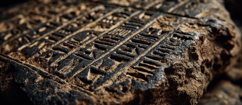 Close-up of ancient cuneiform writing carved into a dark stone tablet