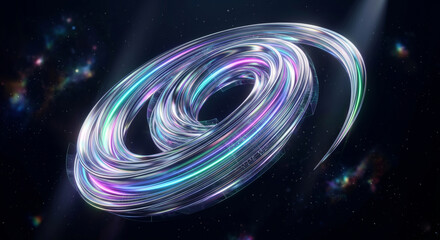 Abstract 3D glass spiral vortex with iridescent glowing neon light trails on dark background © YASAWARDHANA