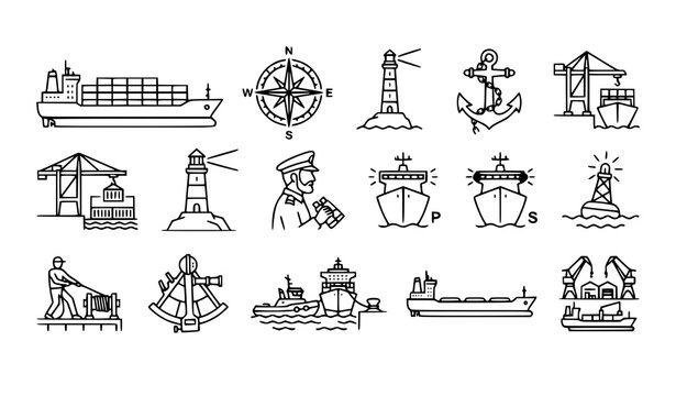 Professional Maritime Navigation Vector Collection with Ship Cargo and Nautical Outline Icons