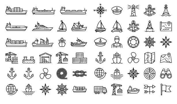 Modern Maritime Navigation Icon Collection with Ship Cargo and Nautical Vector Symbols