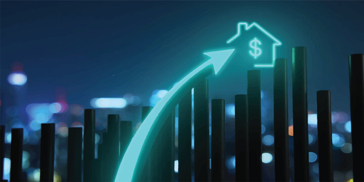 Abstract background with blue lines forming a financial business graph with a growth arrow and 3D bar chart to represent market success and technology report design