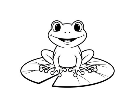 Smiling frog on a large lily pad, black and white line art for children's coloring and nature themes