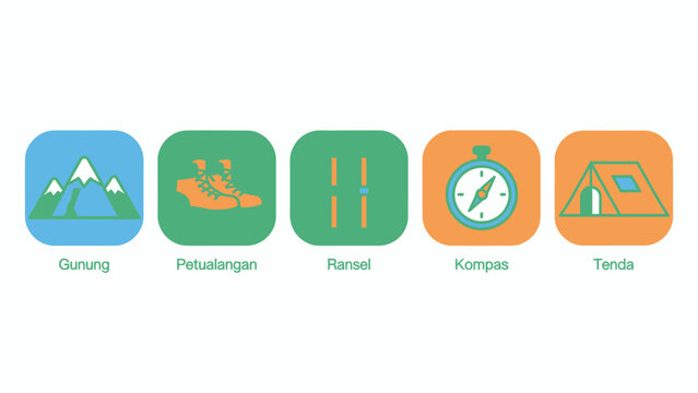 Camping and Hiking Icon Set with Indonesian Text Labels