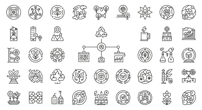 Green energy and sustainable technology icons promoting environmental awareness.