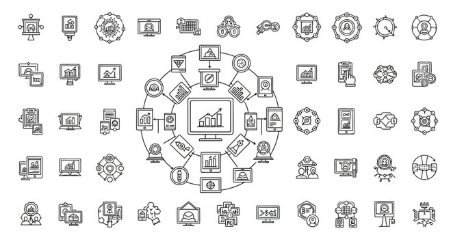 Crm intelligence system, data analysis, business management, marketing analytics, and customer relationship management with data icons.