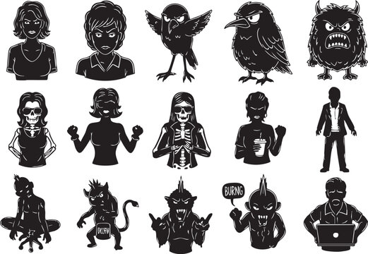 Black Silhouette Cartoon Character Set &ndash; Spooky Monsters, Evil Birds, Skeleton Woman & Hacker Vector Illustration
