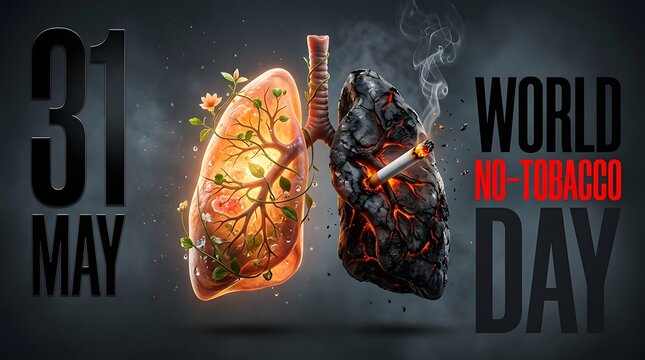 Anatomical lungs illustration with floral growth and damaged burning side for world no tobacco day
