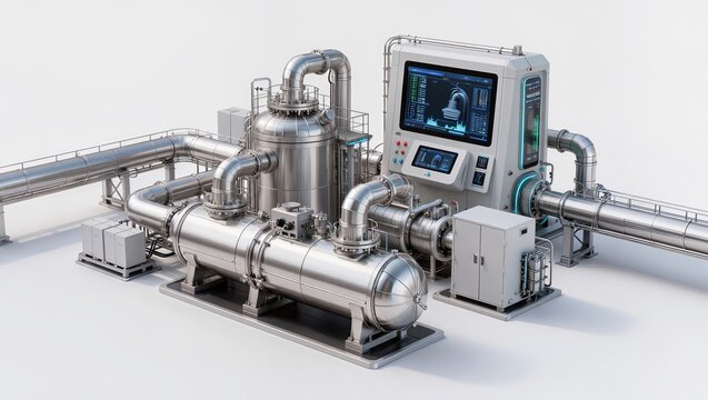 Futuristic Industrial Processing Plant With Stainless Steel Reactors And Advanced Pipelines