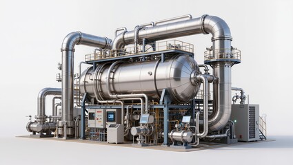 Obraz premium Futuristic Industrial Processing Plant With Stainless Steel Reactors And Advanced Pipelines