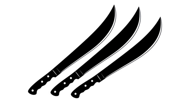 Three Black Machetes On White Background, Sharp Blades, Cutting Tool Icon