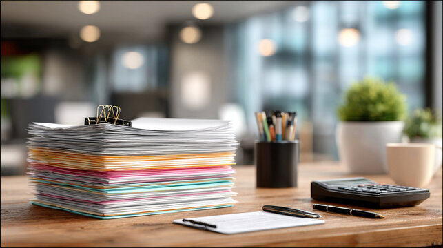 Business process documentation with organized office documents, professional workspace, modern corporate interior, office tools, productivity-focused desk setup