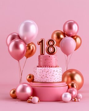 Pink and rose gold themed 18th birthday cake surrounded by matching balloons on a pink background.