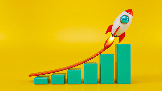 Rocket launch with growing bar chart representing startup business success and growth