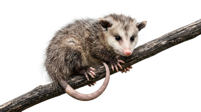 Young Virginia Opossum Climbing a Branch, a North American Marsupial with Gray Fur and Prehensile Tail, Isolated on a Clean White Background
