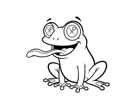 Crazy cartoon frog with its tongue sticking out, wide eyes, and a cheerful expression, white background