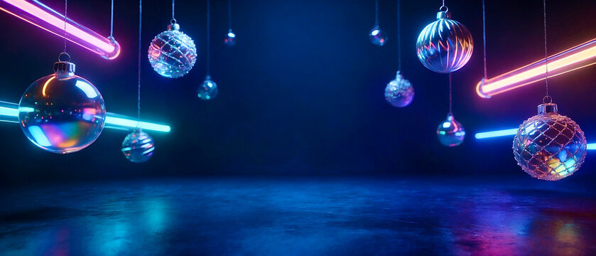 Cyberpunk Christmas background with hanging ornaments and neon lights banner