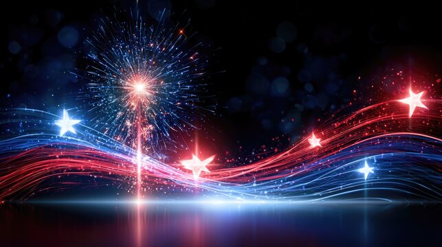 Colorful fireworks explode over a dynamic wave of red, white, and blue light trails adorned with glowing stars against a dark background.