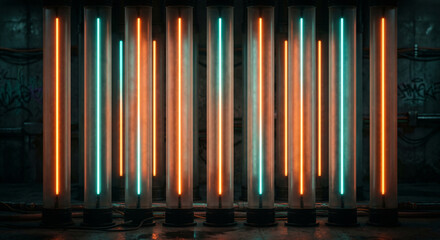 Fototapeta premium Futuristic vertical neon light bars abstract interior background with orange and cyan contrast