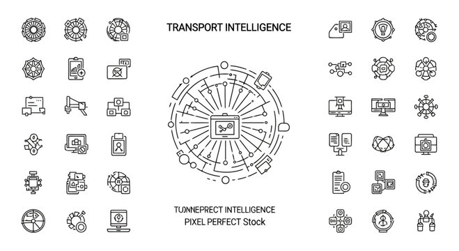 Transport intelligence concept with central hub and data connections, plus surrounding icons.