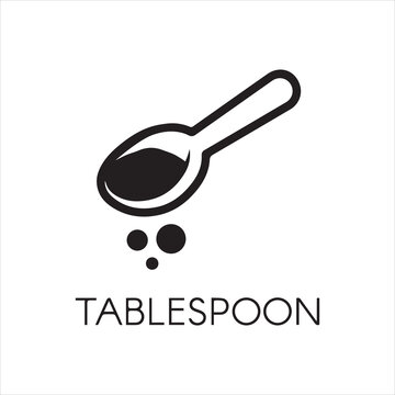 Kitchen tablespoon black flat icon. Spoon with abstract ingredient - logo for cooking various recipes, culinary sites and other projects. Vector illustration