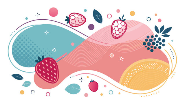Colorful illustration of strawberries and fruits.