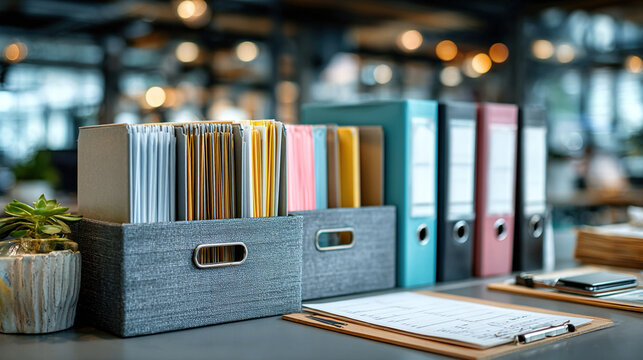 Business risk setup with organized office files, documents, folders, professional workspace, modern corporate interior, productivity-focused desk setup