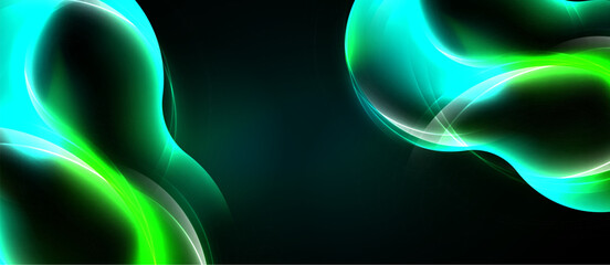Fototapeta na wymiar Abstract neon shapes, vibrant green hues, dark background. Smooth curves create dynamic visual flow, modern design elements.