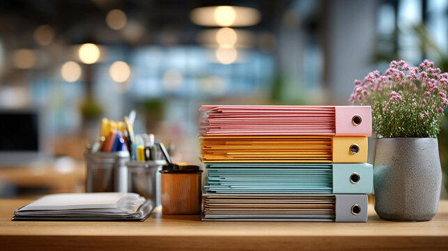 Business schedules with organized office files, documents, folders, professional workspace, modern corporate interior, productivity-enhancing desk setup, office tools