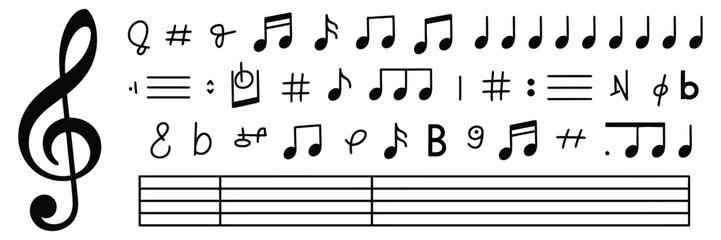 Set of musical notes. Black musical note icons. Music elements. Treble clef. Vector illustration isolated on transparent background. © Ayat0002