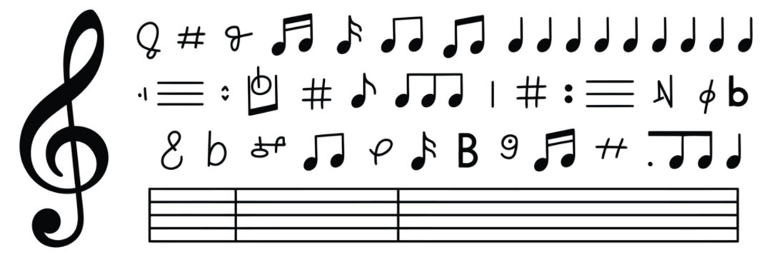 Set of musical notes. Black musical note icons. Music elements. Treble clef. Vector illustration isolated on transparent background.