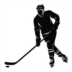 Obraz premium Ice Hockey Player Silhouette, Male Athlete Skating with Stick and Puck, Winter Sports Action Concept