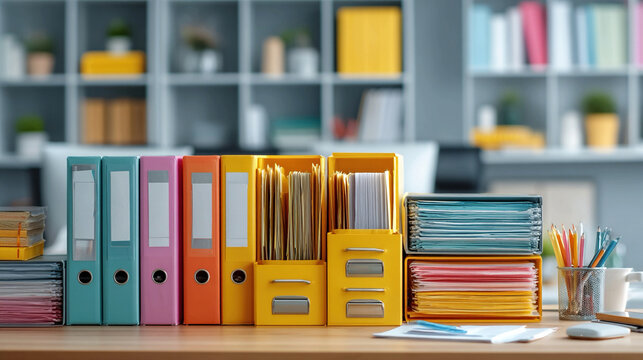 Business supply management with organized office files, documents, folders, professional workspace, modern corporate interior, productivity-focused desk setup