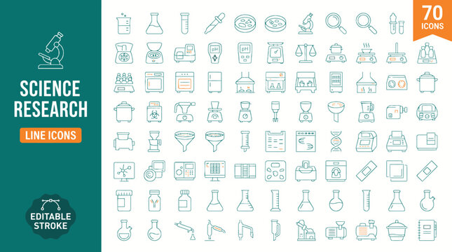 A collection of science research line icons for educational and commercial use