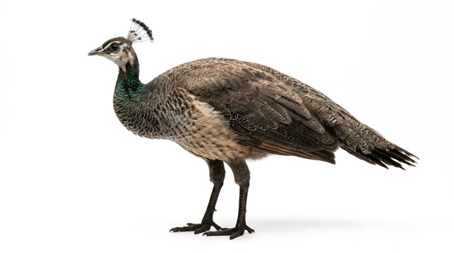 Graceful peahen, a stunning female peacock, stands elegantly on a white studio background, showcasing her natural beauty and unique brown feathers