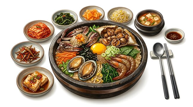 Korean Seafood Bibimbap Set Menu Illustration