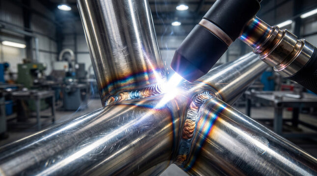 Close-up of welding process on stainless steel pipes in workshop  