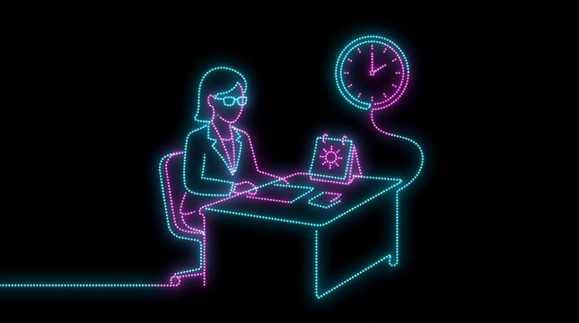 Businesswoman managing time and tasks with neon clock and calendar