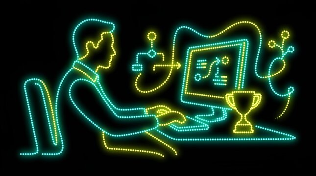 Computer programmer achieving success with neon trophy and data