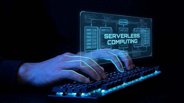Hands typing on a glowing keyboard with a serverless computing diagram projected in the air.
