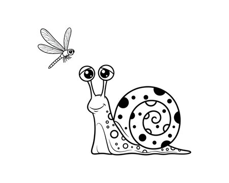 Cartoon snail with patterned shell looking at a dragonfly in black and white outline
