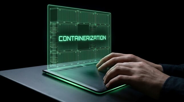 Hands typing on laptop with containerization hologram on screen.