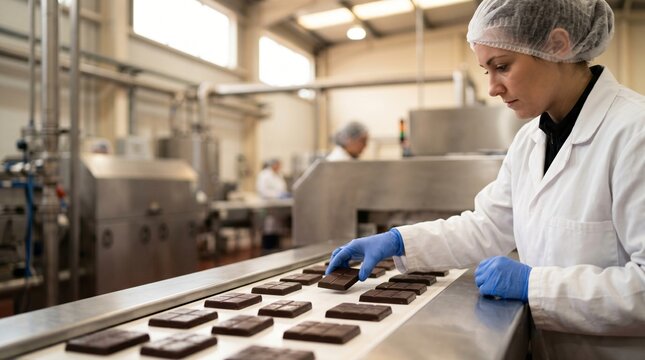 Food production line with worker inspecting chocolate bars on conveyor belt
