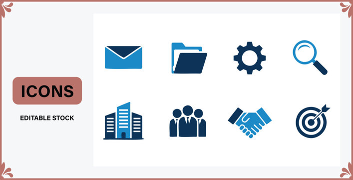 Set of business and communication icons including building handshake and target  editable stock graphics